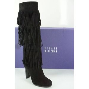 Stuart Weitzman Black Suede Fringie Knee High Boots Heel NIB  stretch